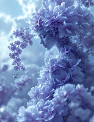 The primary subject of the image is a woman with a purple flower crown on her head. She is surrounded by a beautiful, purple flower field. The setting is a cloudy sky, which adds to the overall atmosphere of the scene. The visual style of the image is digital art, as it is a well-crafted and detailed illustration. The dominant colors in the image are purple and white, creating a serene and peaceful mood.